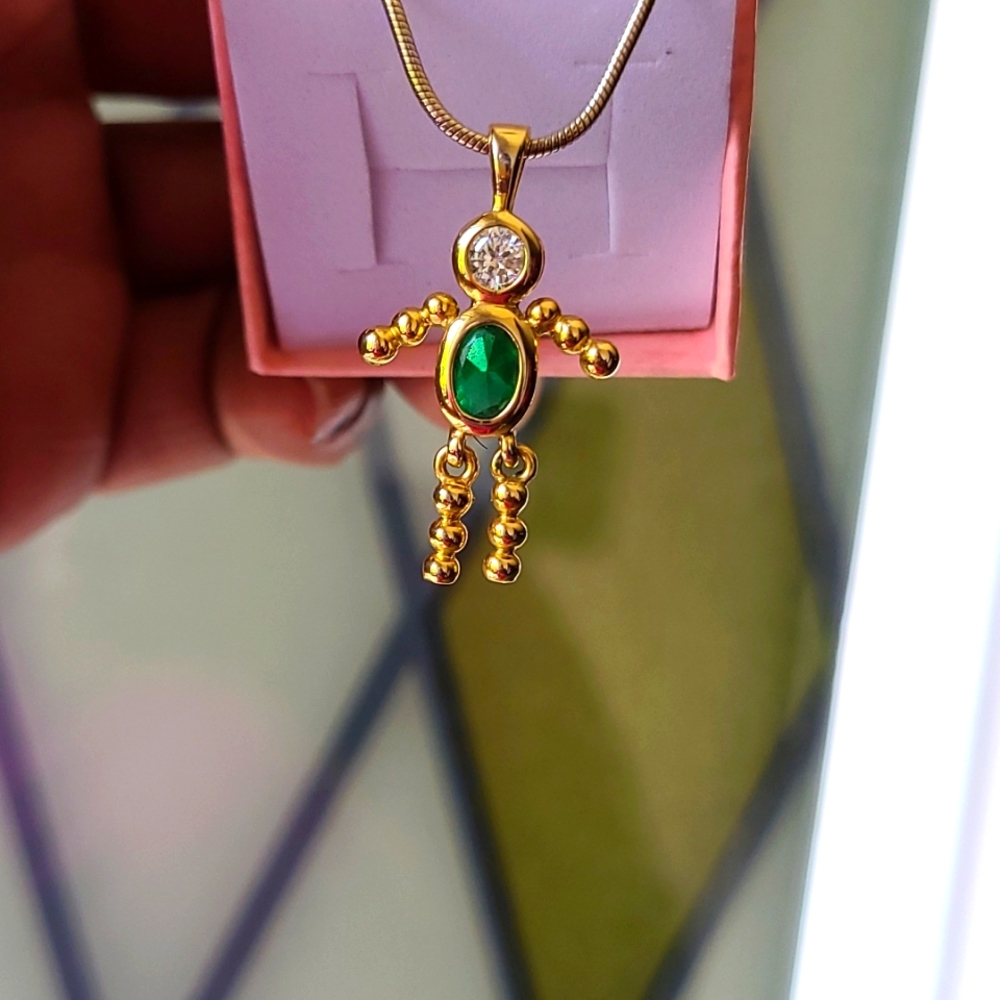 Vintage Emerald Child Charm Pendant on 18inch Gimet Snake Chain